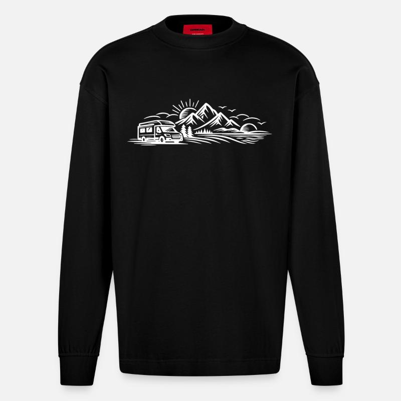 Campingauto Landschaft  - Heavyweight Oversized Organic Langarmshirt Made in EU - SOLID BLACK