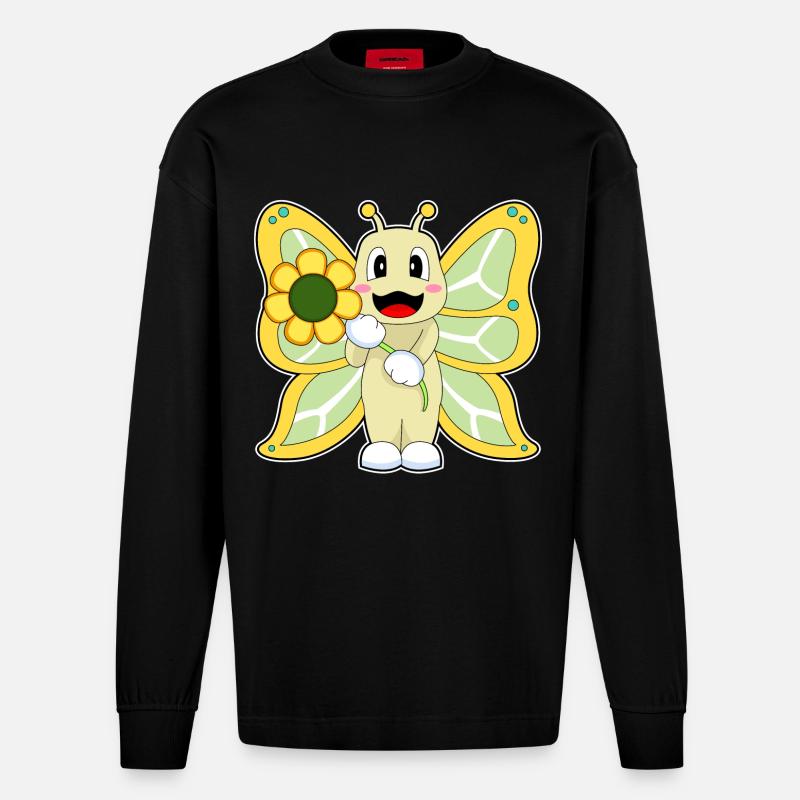 Fleur de papillon - Manches longues bio épais oversize fabriqué en UE - SOLID BLACK