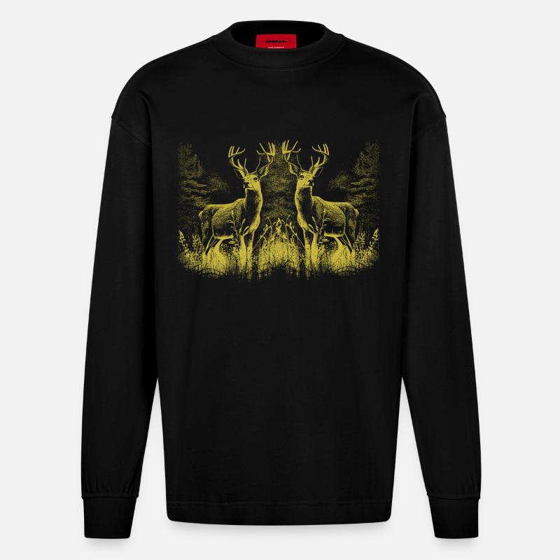 Hirsch Hirsche Wild Rotwild Rehbock - Heavyweight Oversized Organic Langarmshirt Made in EU - SOLID BLACK