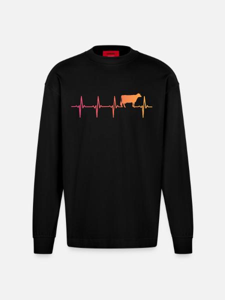 Cow Sunset Heartbeat Cows Farmer - Heavyweight Oversized Organic Longsleeve Shirt Made in EU - SOLID BLACK