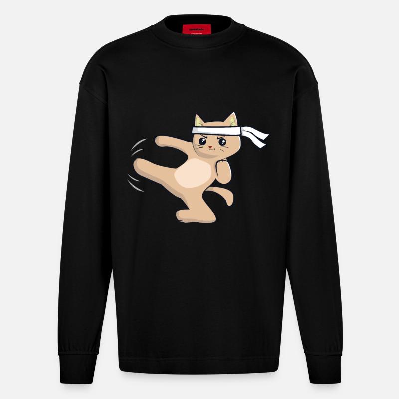 Karate Katze / Kampfkunst - Heavyweight Oversized Organic Langarmshirt Made in EU - SOLID BLACK