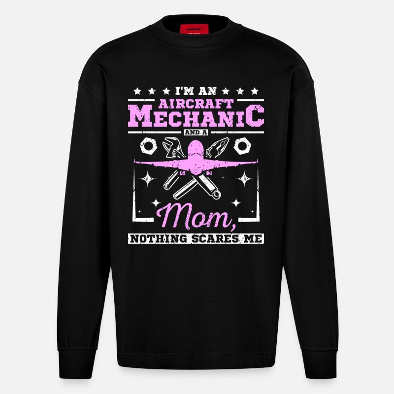 Mécanicien d’aéronefs et une maman - Manches longues bio épais oversize fabriqué en UE - SOLID BLACK