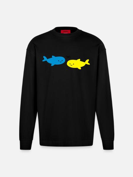 Fröhliche Fische Blau Gelb - Heavyweight Oversized Organic Langarmshirt Made in EU - SOLID BLACK