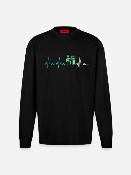 Heartbeat Programmer Developer - Heavyweight Oversized Organic Longsleeve Shirt Made in EU - SOLID BLACK