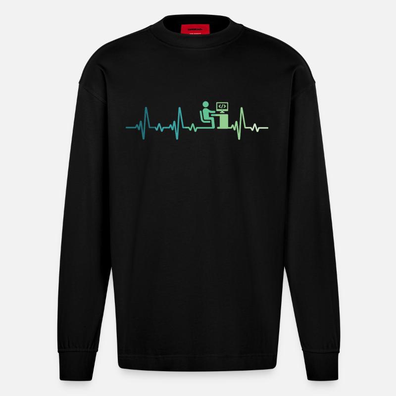 Heartbeat Programmer Developer - Heavyweight Oversized Organic Longsleeve Shirt Made in EU - SOLID BLACK