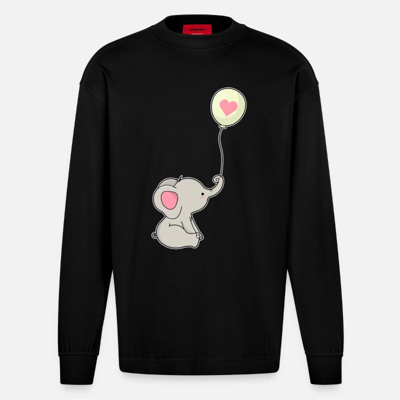 Elefant & Luftballon mit Herz - Heavyweight Oversized Organic Langarmshirt Made in EU - SOLID BLACK