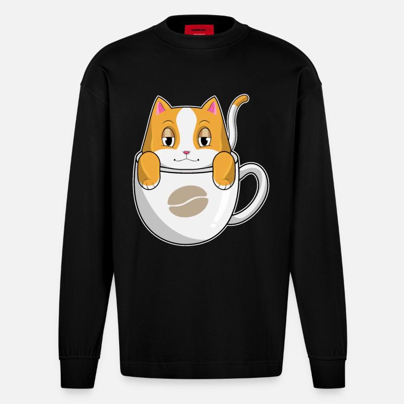 Katze mit Tasse Kaffee - Heavyweight Oversized Organic Langarmshirt Made in EU - SOLID BLACK