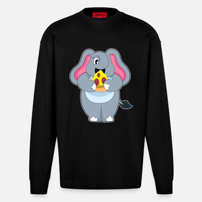 Elefant mit Pizza - Heavyweight Oversized Organic Langarmshirt Made in EU - SOLID BLACK