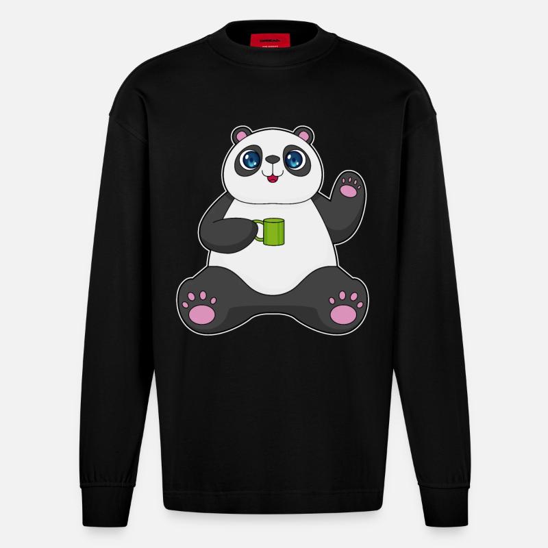 Panda mit Kaffeebecher - Heavyweight Oversized Organic Langarmshirt Made in EU - SOLID BLACK