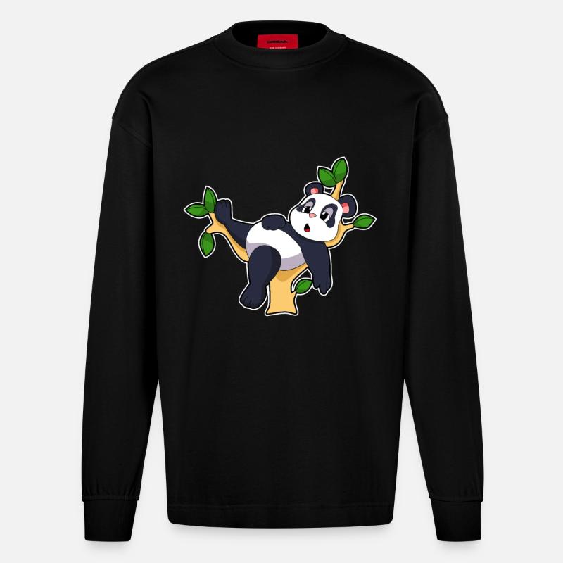 Panda auf Baum - Heavyweight Oversized Organic Langarmshirt Made in EU - SOLID BLACK