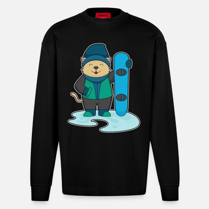 Chat comme snowboarder avec snowboard - Manches longues bio épais oversize fabriqué en UE - SOLID BLACK
