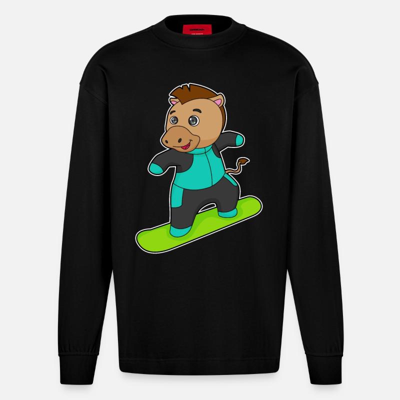Cheval comme snowboarder avec snowboard - Manches longues bio épais oversize fabriqué en UE - SOLID BLACK