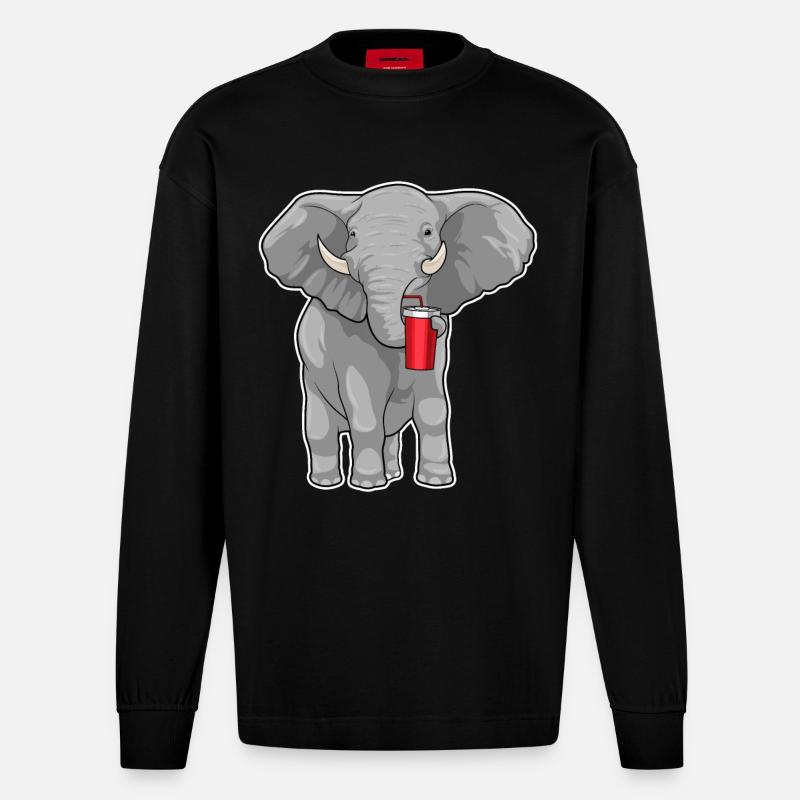 Elephant Drinking Cup - Heavyweight Oversized Organic Longsleeve Shirt Made in EU - SOLID BLACK