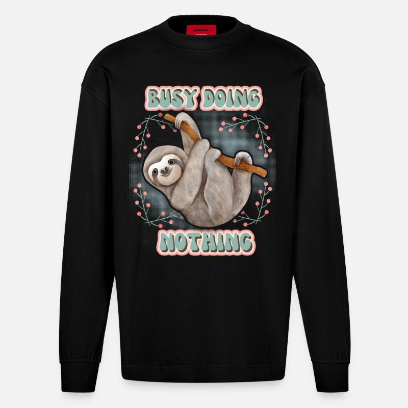 Faultier, Sloth, lustiger Spruch Doing-Nothing - Heavyweight Oversized Organic Langarmshirt Made in EU - SOLID BLACK