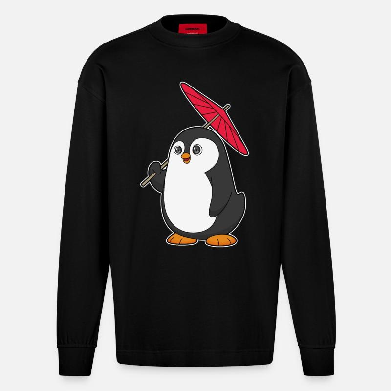 Pinguin Regenschirm - Heavyweight Oversized Organic Langarmshirt Made in EU - SOLID BLACK