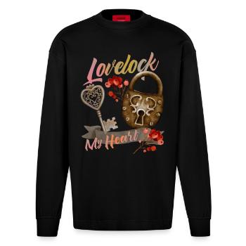 Valentine's Day Padlock Love Saying - Heavyweight Oversized Organic Longsleeve Shirt Made in EU - SOLID BLACK - Front