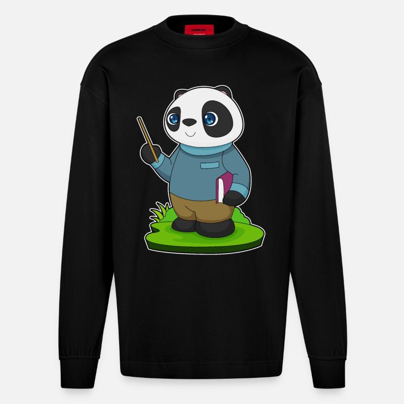 Panda Lehrer Pointer - Heavyweight Oversized Organic Langarmshirt Made in EU - SOLID BLACK