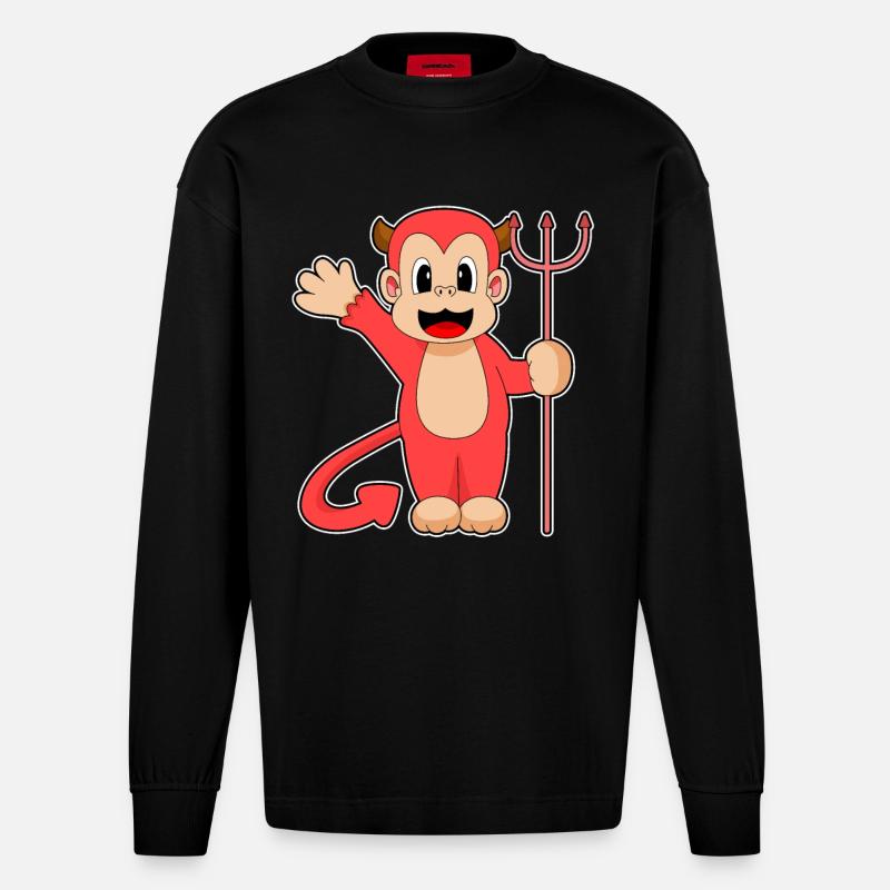 Monkey Halloween Devil Trident - Heavyweight Oversized Organic Longsleeve Shirt Made in EU - SOLID BLACK