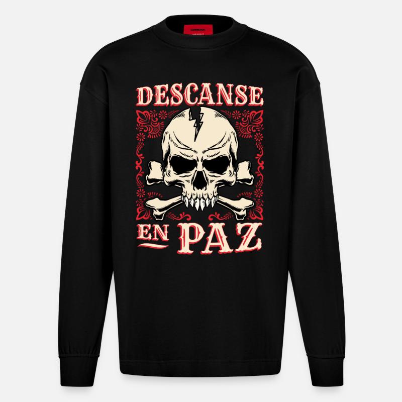 Totenkopf, Crossbones Knochen Spruch Rest-In-Peace - Heavyweight Oversized Organic Langarmshirt Made in EU - SOLID BLACK