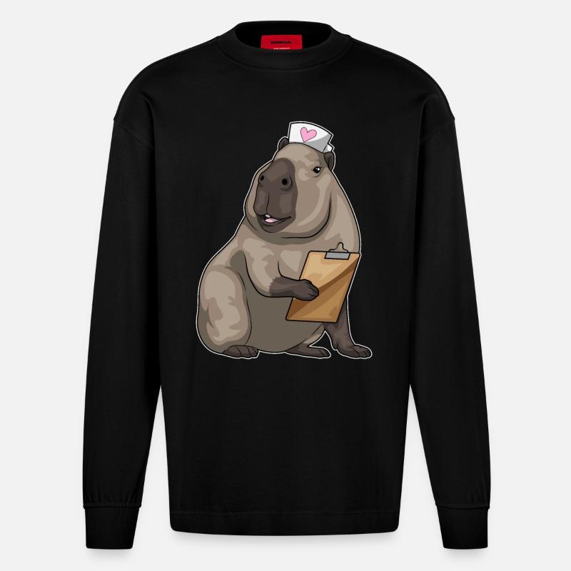 Capybara infirmière bloc-notes - Manches longues bio épais oversize fabriqué en UE - SOLID BLACK
