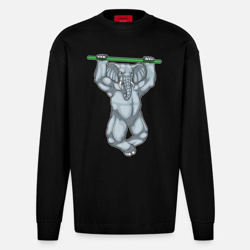 Elephant Bodybuilder Pull-Ups Musculation - Manches longues bio épais oversize fabriqué en UE - SOLID BLACK