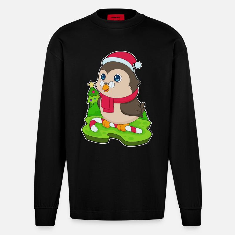 Hibou Noël Candy Cane - Manches longues bio épais oversize fabriqué en UE - SOLID BLACK