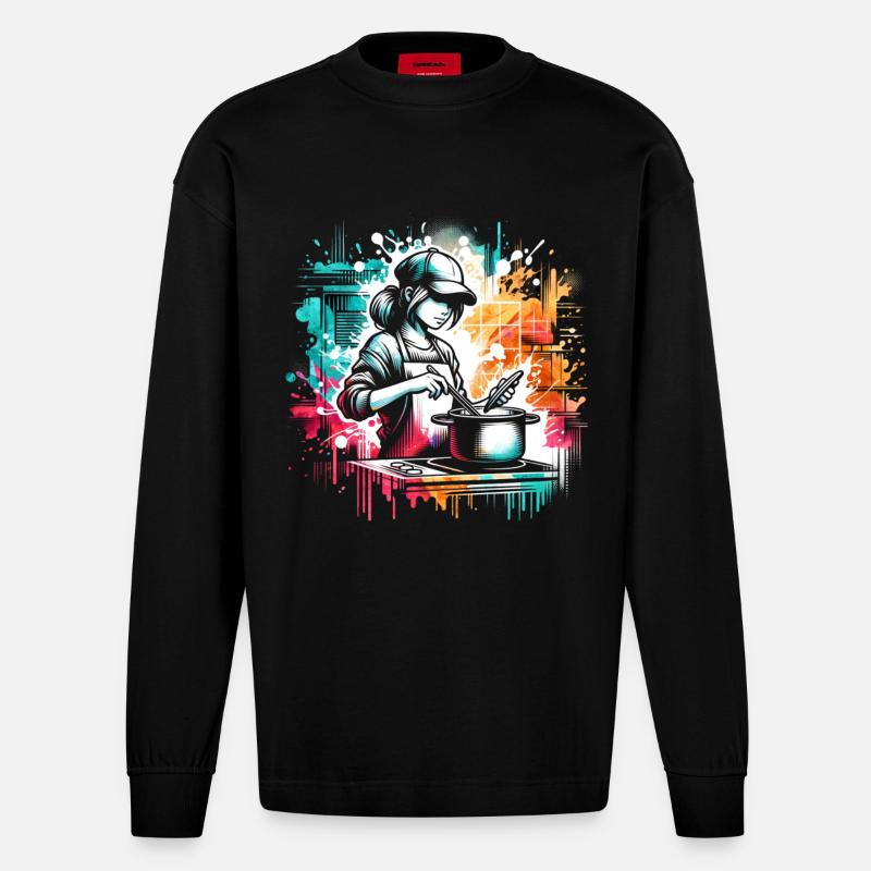 Mädchen, die gerne kochen - Heavyweight Oversized Organic Langarmshirt Made in EU - SOLID BLACK