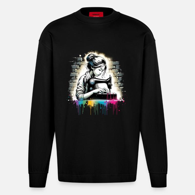 fille qui aime coudre - Manches longues bio épais oversize fabriqué en UE - SOLID BLACK