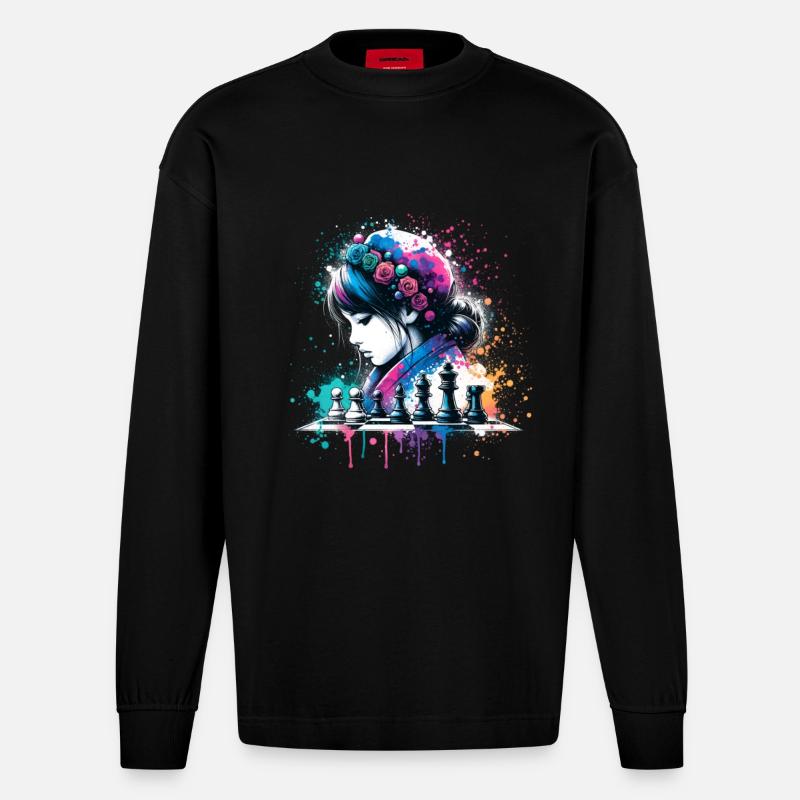 Mädchen, die Schach lieben - Heavyweight Oversized Organic Langarmshirt Made in EU - SOLID BLACK