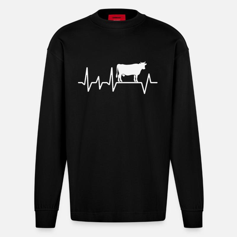 Heartbeat Design mit Kuh - Heavyweight Oversized Organic Langarmshirt Made in EU - SOLID BLACK