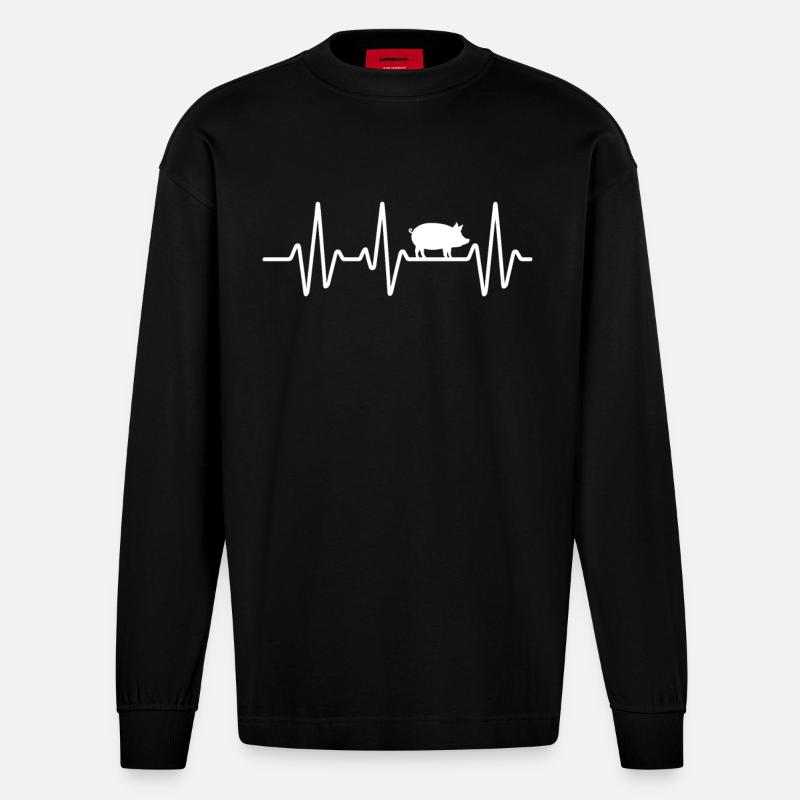 Conception de battements de cœur avec cochon - Manches longues bio épais oversize fabriqué en UE - SOLID BLACK