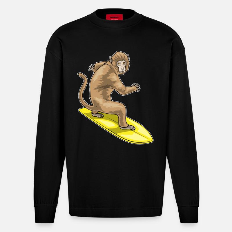 Monkey Surfer Surfboard - Heavyweight Oversized Organic Longsleeve Shirt Made in EU - SOLID BLACK