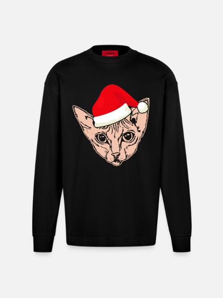 Christmas Santa Sphynx Cat - Heavyweight Oversized Organic Longsleeve Shirt Made in EU - SOLID BLACK