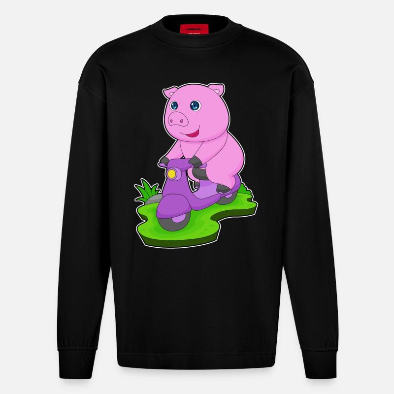 Schwein Motorroller - Heavyweight Oversized Organic Langarmshirt Made in EU - SOLID BLACK