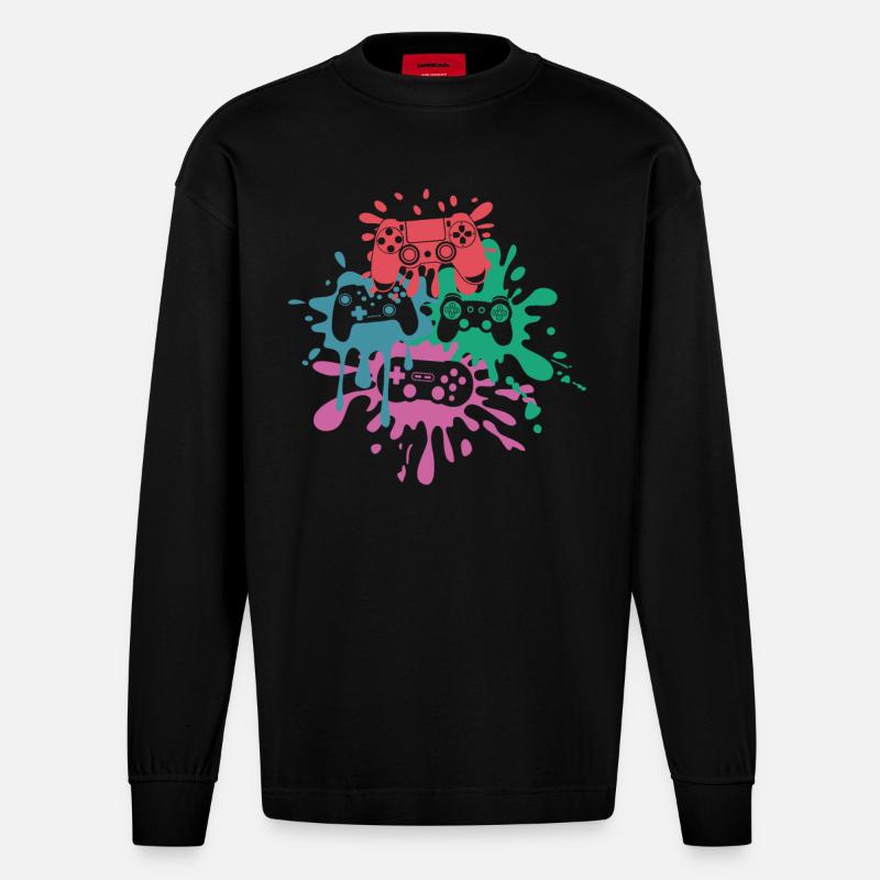 Pixel-Controller – Retro Gaming Design - Heavyweight Oversized Organic Langarmshirt Made in EU - SOLID BLACK