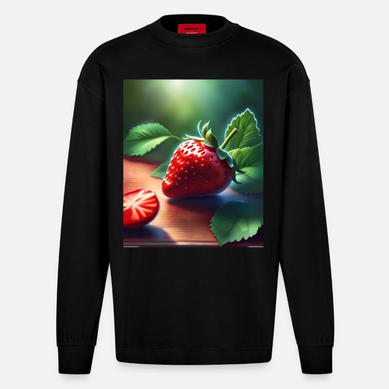 Rote saftige Erdbeere - Heavyweight Oversized Organic Langarmshirt Made in EU - SOLID BLACK