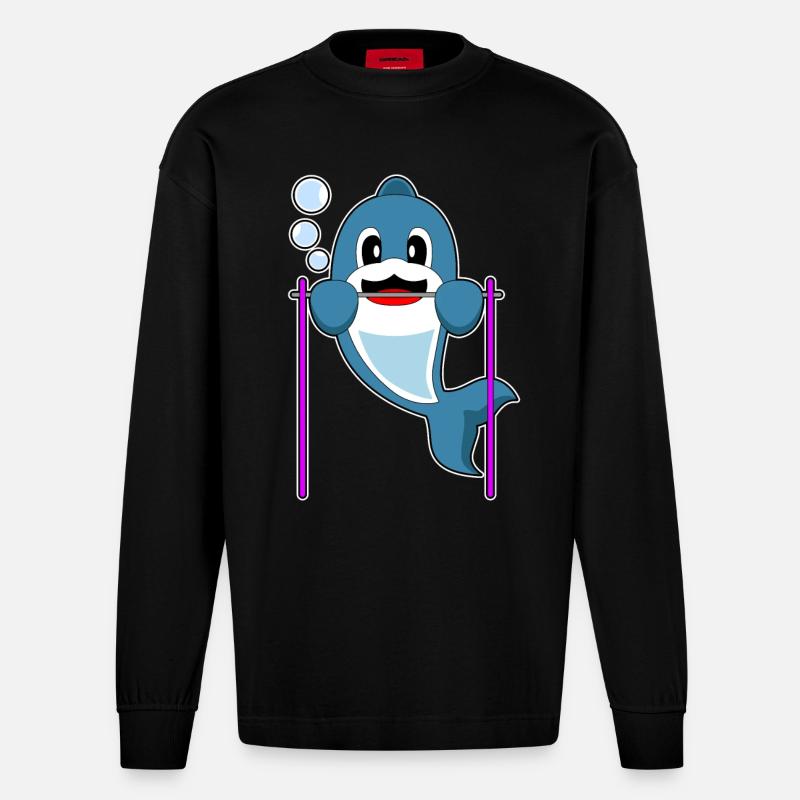 Dolphin Bodybuilder Pull-ups - Heavyweight Oversized Organic Longsleeve Shirt Made in EU - SOLID BLACK