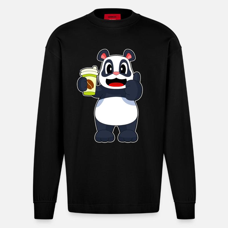 Panda Coffee à emporter - Manches longues bio épais oversize fabriqué en UE - SOLID BLACK