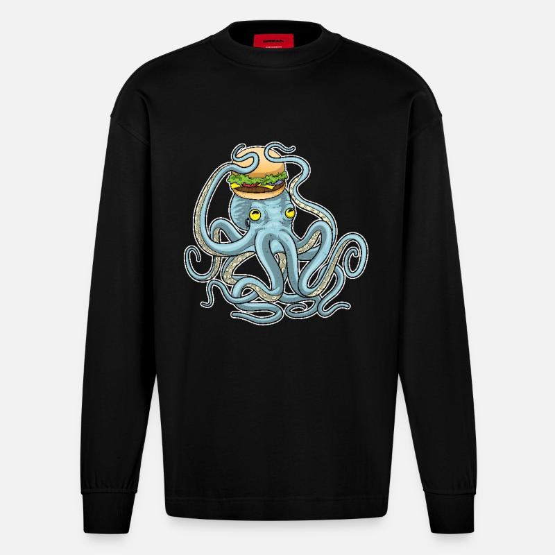 Krake Cheeseburger - Heavyweight Oversized Organic Langarmshirt Made in EU - SOLID BLACK