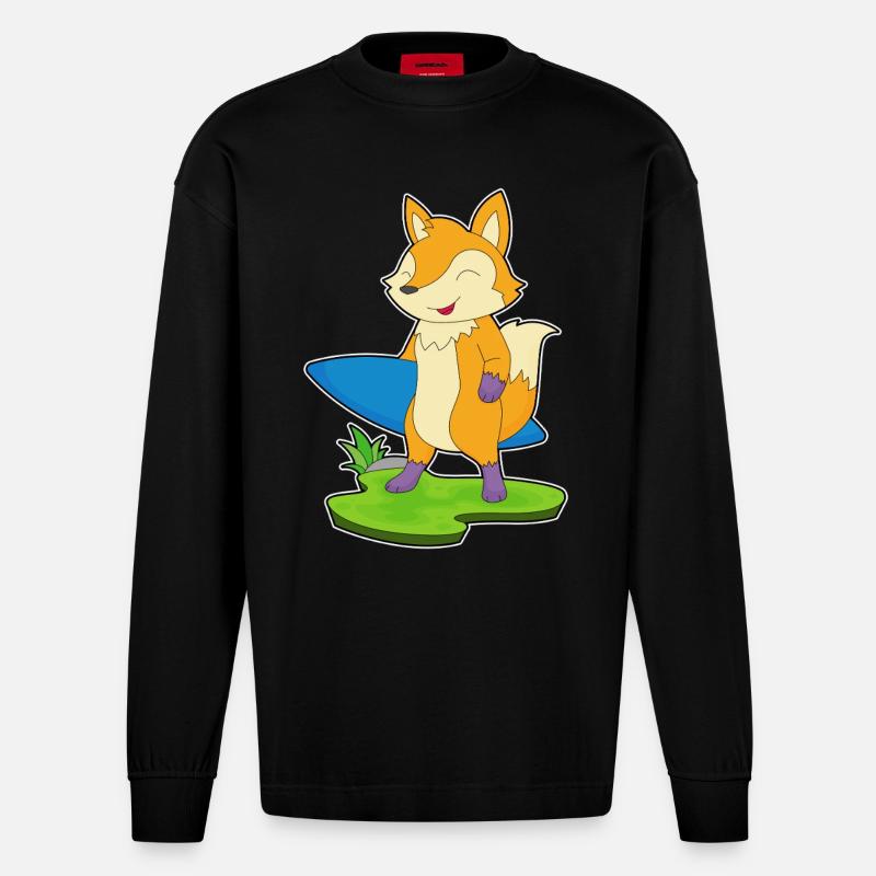 Fox Surfer Surfboard - Heavyweight Oversized Organic Longsleeve Shirt Made in EU - SOLID BLACK