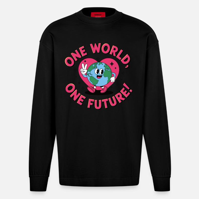 One World, One Future - Heavyweight Oversized Organic Langarmshirt Made in EU - SOLID BLACK