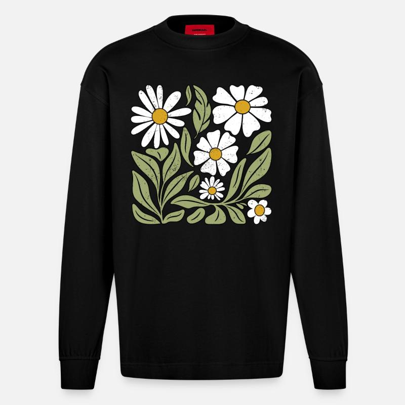 Fleur de marguerite Boho Fleurs - Manches longues bio épais oversize fabriqué en UE - SOLID BLACK