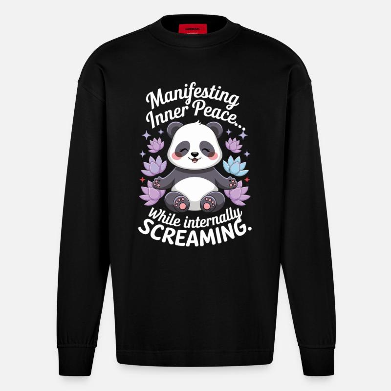 Panda méditer – Zen & Mindfulness - Manches longues bio épais oversize fabriqué en UE - SOLID BLACK
