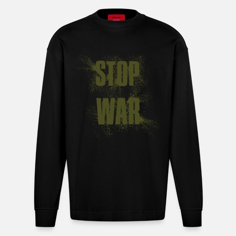 STOP WAR – NO WAR - PEACE - Heavyweight Oversized Organic Langarmshirt Made in EU - SOLID BLACK