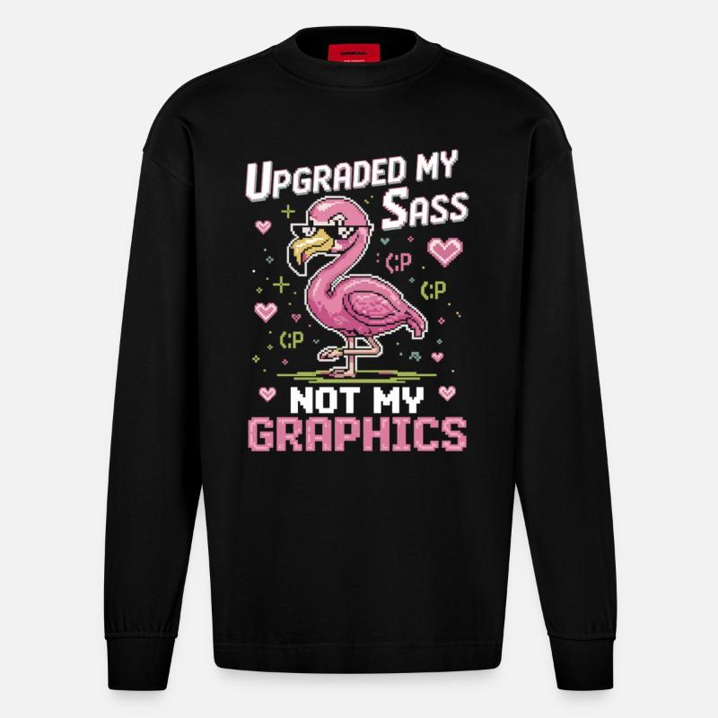 Flamant rose pixel avec attitude - Manches longues bio épais oversize fabriqué en UE - SOLID BLACK