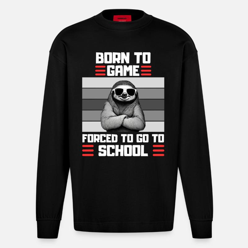 Gaming Faultier Schul Spruch Zocker - Heavyweight Oversized Organic Langarmshirt Made in EU - SOLID BLACK