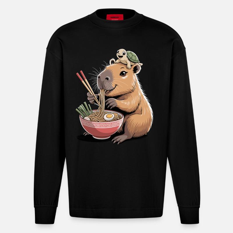 Cute capybara, ramen, turtle, capybara - Heavyweight Oversized Organic Longsleeve Shirt Made in EU - SOLID BLACK
