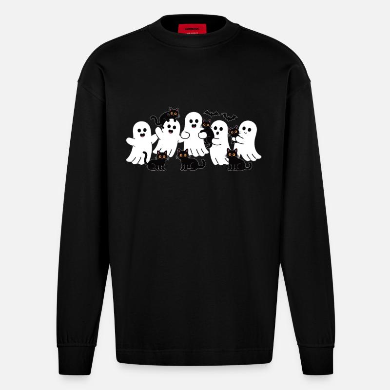 Geist & Katze – Halloween Fun - Heavyweight Oversized Organic Langarmshirt Made in EU - SOLID BLACK