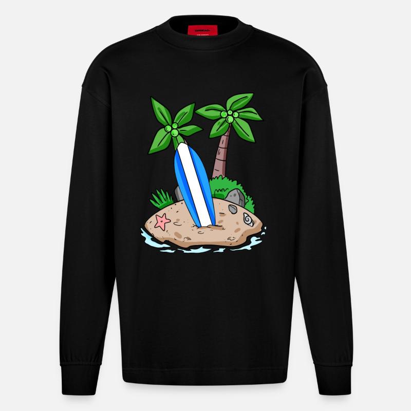 Insel mit Surfbrett - Heavyweight Oversized Organic Langarmshirt Made in EU - SOLID BLACK