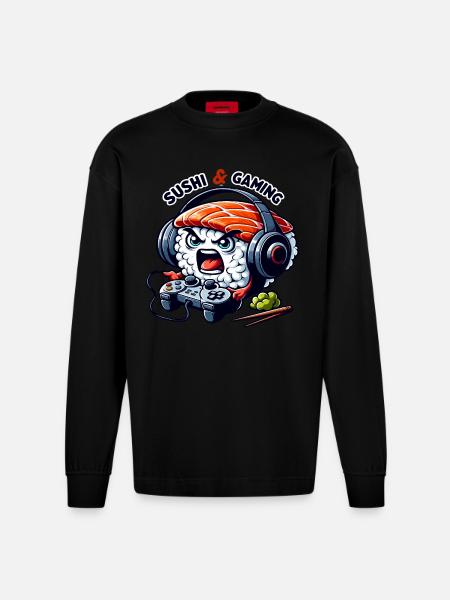 Sushi playing video games - Heavyweight Oversized Organic Longsleeve Shirt Made in EU - SOLID BLACK